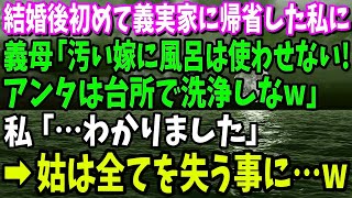 【スカッと】結婚後初めて義実家に帰省した私に義母「汚い嫁に風呂は使わせない！嫌なら台所で洗浄しなw」私「…わかりました」→姑は全てを失う事に…