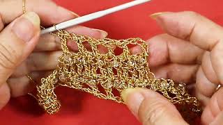 Crochet bracelet using golden thread and beads सुनहरे धागे और मोतियों से सुन्दर ब्रेसलेट कंगन Ep-181