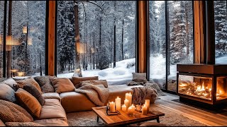 Cozy Winter Ambience in A Wooden Cabin with Fireplace Crackling and Piano for Relax, Sleep