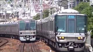 207系 普通放出行き・223系+225系 新快速敦賀行き さくら夙川駅並走到着・通過