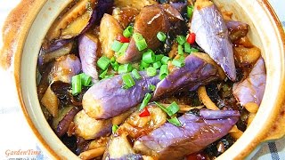 田园时光美食  鱼香茄子煲（素）eggplant stew（English）