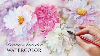Watercolor Painting of Peonies flowers Garden