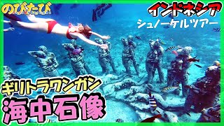 【バリ島の横の島】シュノーケルツアーで海中石像とウミガメ☆ギリトラワンガンひとり旅Vlog#03 インドネシア【のびたび】アラフォー独身旅動画