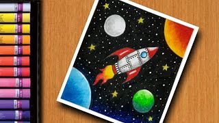 Rocket in space drawing for beginners with colours