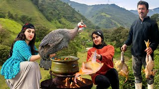 Village Recipe From IRAN : Cooking Traditional Guineafowl Stew With Vegetables in a Gamaj Pot