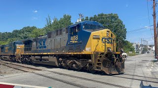 CSX M426 in Lowell with CSX CW40-8 and Union Pacific Boxcars, and one green limestone car [7-24-22]