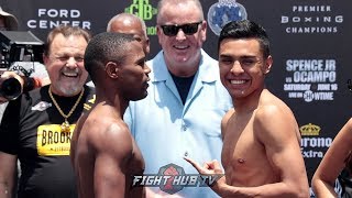 JAVIER FORTUNA PRETENDS TO GO AT ADRIAN GRANADOS DURING FACE OFF AT SPENCE OCAMPO WEIGH IN