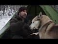 camping in the snowy day with hot tent and tent stove