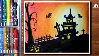 How to draw halloween / halloween haunted house drawing easy / halloween drawing with oil pastel