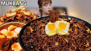 Mix black bean noodles, spicy seafood soup with soft bean curd, perilla leaf kimchi mukbang