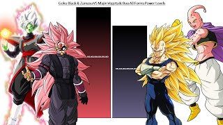 Goku Black & Zamasu VS Majin Vegeta & Buu All Forms Power Levels