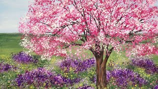 Acrylic Painting Time lapse: Cherry Blossom Tree and Lavender Meadow Floral Impressionist Painting
