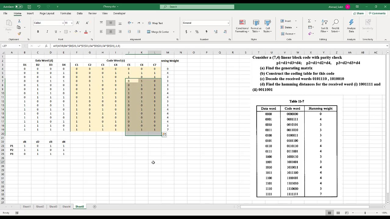 Linear Block Code Coding Table By Excel | In Arabic - YouTube