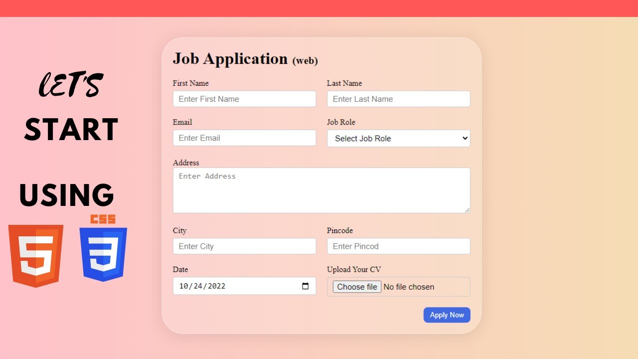 Job Application Form Using Html Css Youtube