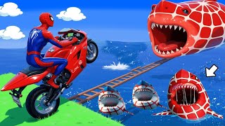 الأبطال الخارقين على القضبان دوامة قمع جسر 🏍️🐱‍SPIDER MAN!on Motorcycle in Spiral Bridge Stunt Rid