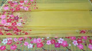 হ্যান্ড পেইন্ট হলুদ চেরি ফুল শাড়ি।। Hand paint Cherry blossom saree।। Rongsotto By Bristy।।