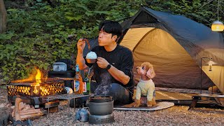 Camping in Forest with My Dog . Korean Spicy Grilled Pork Belly . Wood Stove ASMR