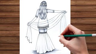 How to draw a girl with beautiful dress -step by step || Pencil sketch for beginners || Girl Drawing