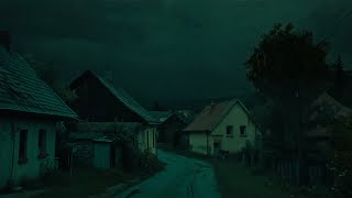 Nighttime thunderstorm, all the houses have turned off their lights, the path leads into the valley