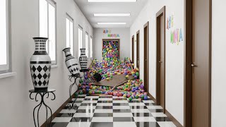 Balls in the corridor, Blender Animation, rigid body simulation, Fracture Modifier, Denoiser