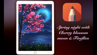 Autodesk Sketchbook - Draw aesthetic Spring Night with cherry Blossom , Moon \u0026 fireFlies #lofi #calm