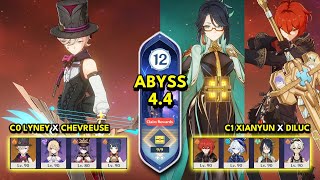 C0 Lyney x Chevreuse \u0026 C1 Xianyun x Diluc | Spiral Abyss 4.4 Floor 12 9 Stars | Genshin Impact 4.4