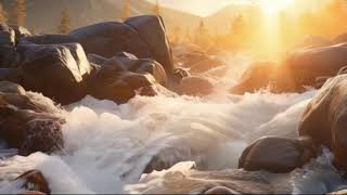 A pristine mountain stream with clear, rushing water flowing over large boulders