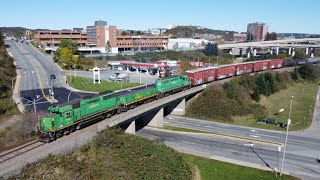 Awesome View in 4K! Two EMD Geeps \u0026 Slug Lead a NBSR Transfer train Up the Hill at Saint John, NB