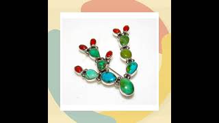 Navajo Prickly Pear Cactus Pendant Sterling Silver Turquoise Red Spiny Pin