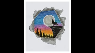 3d moonlight scenery drawing with oil pastel #shorts #funcrafts