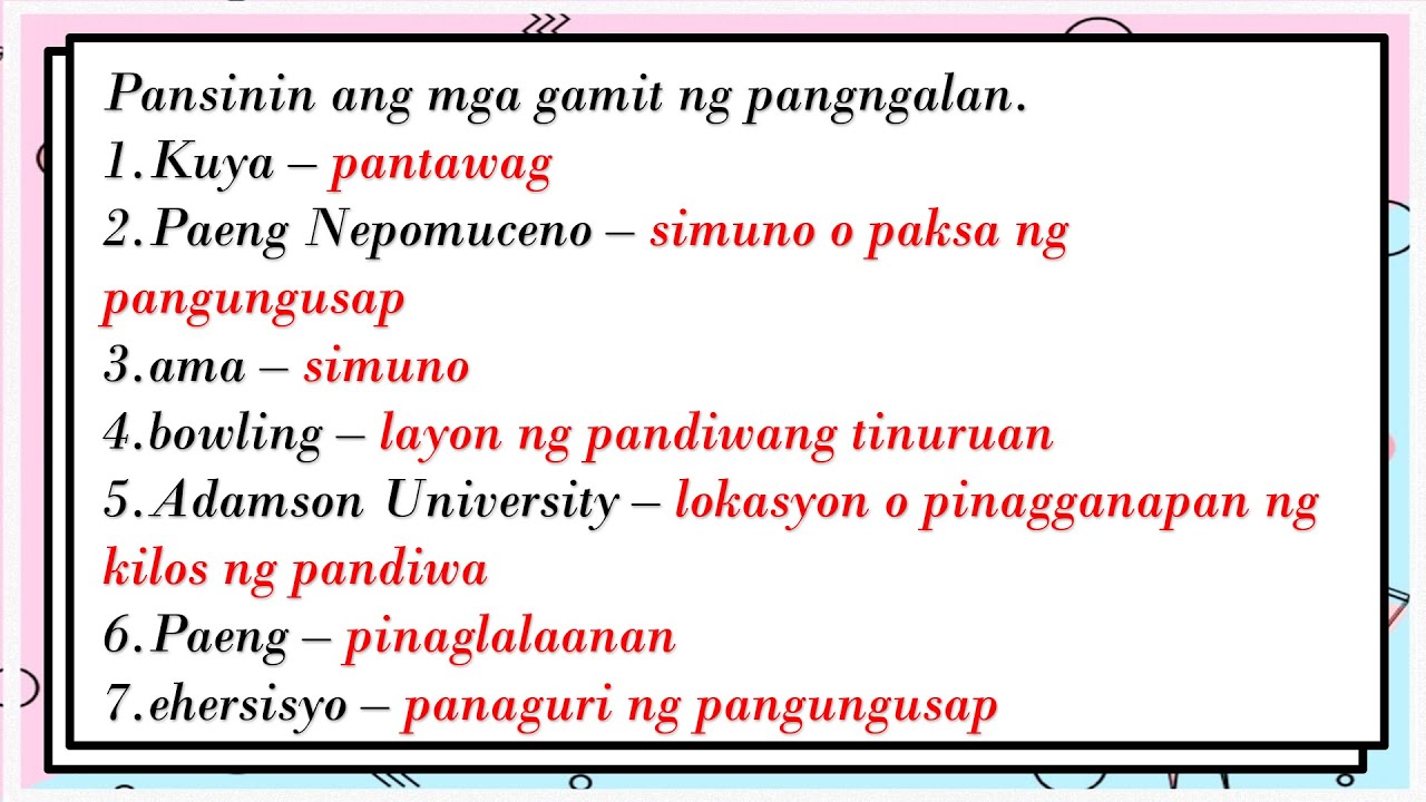 Mga Halimbawa Ng Pangungusap Gamit Ang Pangngalan - Pang Katawan