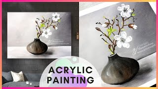 Easy Painting For Beginners WHITE flower vase painting  | Acrylics | step by step canvas painting