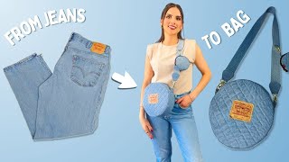 QUILTED DENIM ROUND BAG 👖 UPCYCLED JEANS / Jeans Reutilizados En Una Bolsa Redonda Acolchada