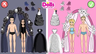 Black vs Pink wedding Paper dolls brides dress up & make up