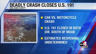 Motorcyclist killed in crash on US-191 near Moab; Highway closed to traffic