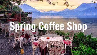 Spring Coffee Shop Ambience with Smooth Piano Jazz Music, Waterfall Sounds, Cafe ASMR