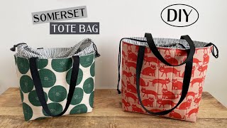 SOMERSET TOTE BAG in two sizes, featuring a Japanese inspired drawstring closure. #sew #learntosew