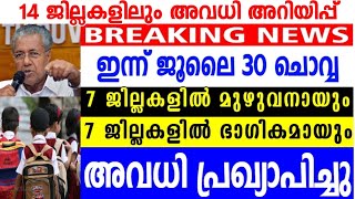 ഇന്ന് ജൂലൈ 30 ചൊവ്വ എല്ലാ ജില്ലകളിലും അവധി പ്രഖ്യാപിച്ചു,7 ജില്ലകളിൽ പൂർണമായും 7ജില്ലകളിൽ ഭാഗികമായും