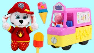 Paw Patrol Baby Marshall Visits Peppa Pig Play Doh Ice Cream Truck for Dessert!