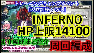 ミストレ　インフェルノ周回編成　INFERNO　HP上限14100　課金PTスキル無し　トレーニングキャンプイベント『入隊訓練：マキ』ミストトレインガールズ