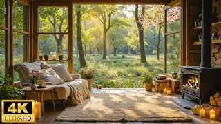 Cozy Cabin Ambience on a Spring Day 🌸 Smooth Piano Music and Fireplace Sounds for Relaxation