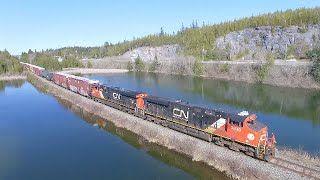 Awesome Bird's Eye View - CN Train 406 West Passing the Lake at Brookville - Saint John, NB