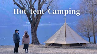 [Couple Camping] Enjoying Winter Camping by a Quiet Lakeside with New Gear | Hot Tent Camping |