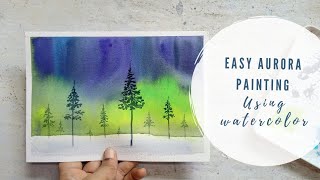 Easy Northern lights painting. Aurora Borealis watercolor painting for beginners
