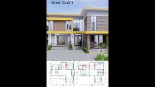 41x35 Feet House Design Plan 12.4x11 Meter 4 Beds 4 Baths Shed Roof Reel