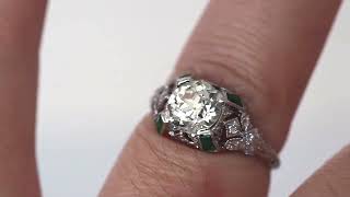 1920s Platinum GIA 1.51ct Old European Brilliant Engagement Ring with Emerald Accents - VEG#2314