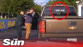 Man arrested for “I EAT ASS” bumper sticker