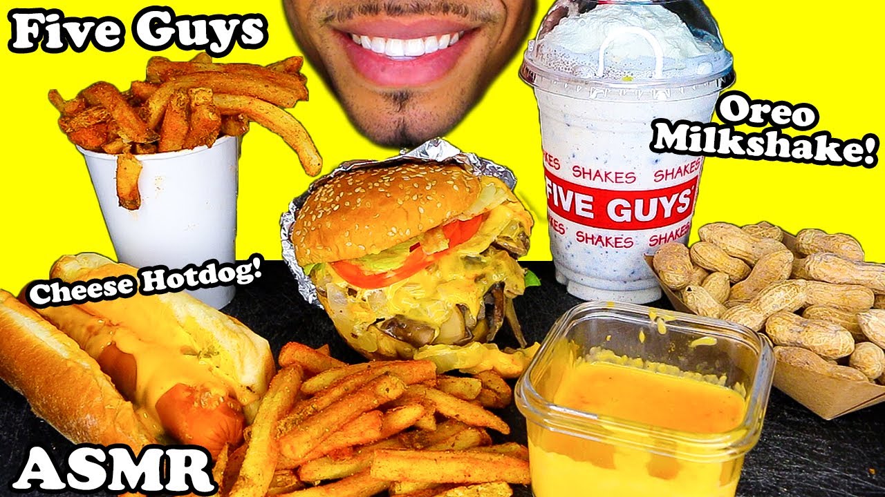 ASMR FIVE GUYS BURGERS CAJUN FRIES OREO MILKSHAKE CHEESE HOT DOG ...