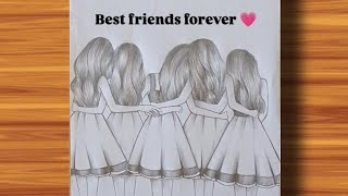 How to draw five girls best friends step by step -easy|bff drawing easy ❤️|girl best friends drawing