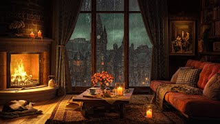 A Rainy Day in Cozy Room Ambience 🔥 Piano Jazz Music, Crackling Fire, Rain Sounds for Sleep & Focus